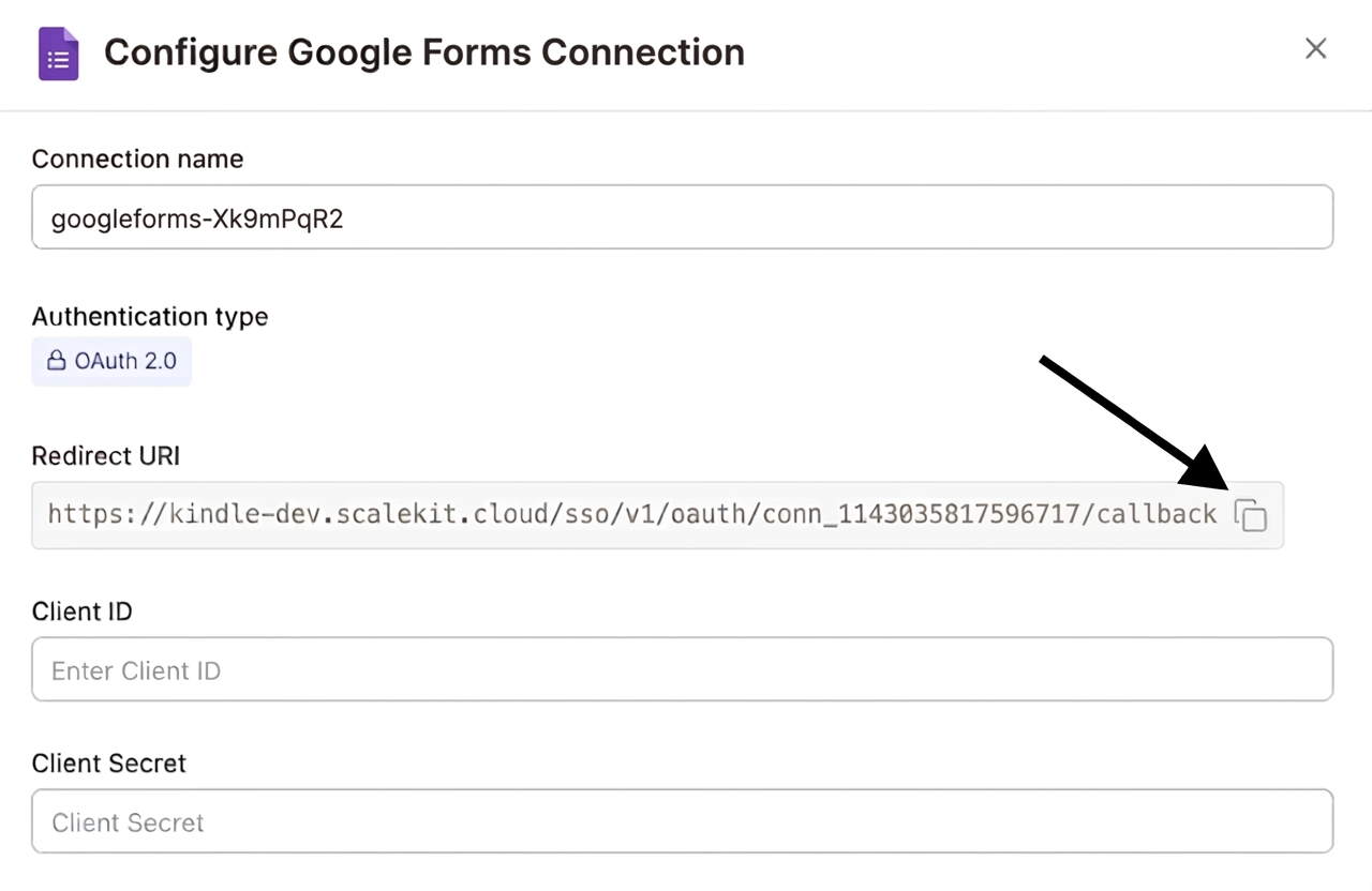 Copy redirect URI from Scalekit dashboard